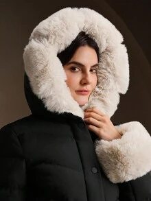 Anewsta Thick Fluffy Fur Collar Quilted Women's Winter Jacket - Black - View 3