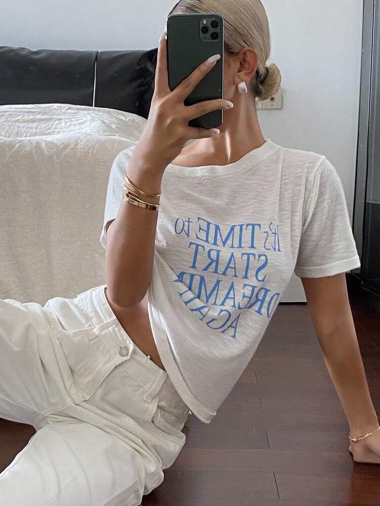 Letter Print Cropped Short Sleeve Off Shoulder Casual Knit Top For Women, Spring/Autumn Graphic Tee