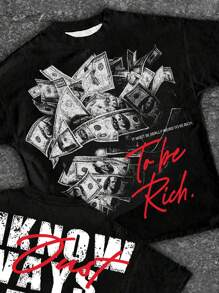 SHEIN Maglietta casual alla moda per ragazzi adolescenti, con grafica di ritratto avvolto in banconote, maglietta a maniche corte con collo tondo e stampa di slogan classica e stilosa, adatta per l'estate