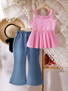 2件套女童甜美可爱夏季蝴蝶结吊带背心和牛仔喇叭裤，饰有樱桃刺绣，甜美风格女童套装 - 粉色 - 查看 2