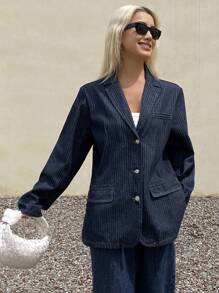 DAZY 女式条纹宽松休闲牛仔夹克 - 灰色 - 查看 6