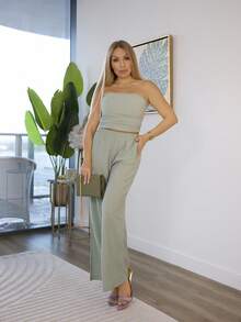 Cioccolato Women 2pcs/Set Summer Casual Solid Color Ruched Bandeau Top And Long Pants ,Petite Women - Green - View 1