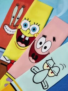 SpongeBob SquarePants | SHEIN 4 Pairs Soft & Breathable Moisture-Wicking Casual Men Mid-Calf Socks With Squidward & Krusty Krab, Fashionable And Cute Colorful Crew Socks, Reinforced Toe & Heel For Durability, Unisex For Women, All Season All-Match Summer Winter - Multicolor - View 5