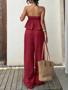 SHEIN EZwear Burgundy Strapless Boho Two-Piece Set With Ruched Bandeau Top And Flowy Pants Boho Jumpsuit - Burgundy - View 2