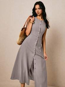 Poéselle 度假休闲纯色前扣无袖连衣裙