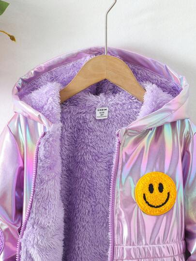 SHEIN 年轻女孩 1 件毛绒保暖经典街头风格连帽长袖外套年轻女孩蓬松外套