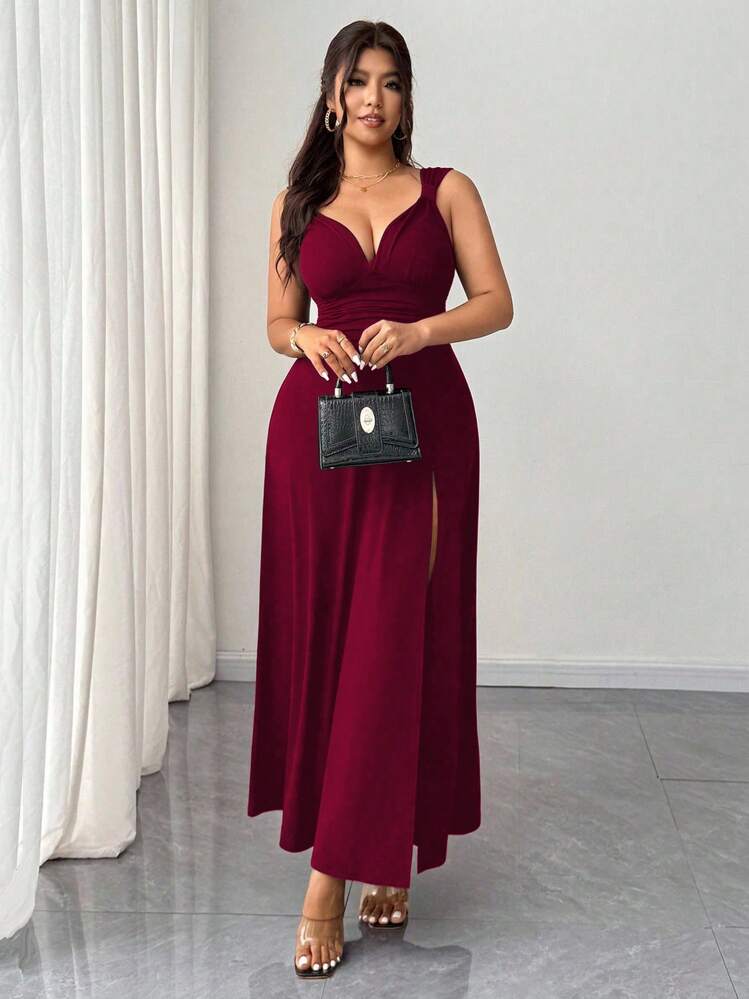 SHEIN Elenzya Vestido de fiesta o cóctel versátil y con diseño elegante, de punto elástico con cuello en V, abertura alta y nudo retorcido en unicolor, talla grande, nuevo modelo 2025 - Burdeos - Añade 7