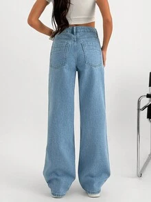 EURMUSE High Waist Asymmetric Belt Straight Jean Y2k - Medium Wash - View 6