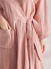 Ocili 休闲大码女式柔软棉质双层褶皱面料束腰长袍，秋季 - 粉色 - 查看 5