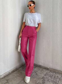 RueChic High Waist Seam Detail PU Pants - Hot Pink - View 4