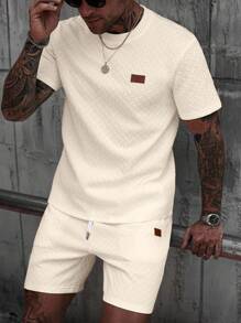 Manfinity CasualCool 男士V领罗纹布T恤+抽绳短裤套装男两件套休闲短裤套装2件套男士夏季套装男士夏季运动服奶油色套装男士夏季服装