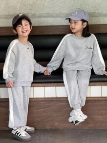 SHEIN 2pcs/Set Young Boys Floral Embroidered Knit Sweatshirt And Sweatpants, Back To School, School Uniform, Children's Back To School Outfit - Light Grey - View 5