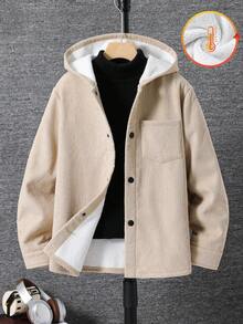 SHEIN 男童休闲韩版可爱胸贴袋保暖防风外套，适合上学、花园、海滩、生日等场合，春、夏、秋、冬皆宜，男童冬季外套，男童灯芯绒外套，男童保暖外套，男童秋季外套 - 卡其色 - 查看 9