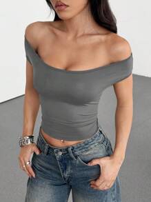 SHEIN EZwear 1pc Women's Grey Knitted Versatile Fitted Sweater Top - Dark Grey - View 7