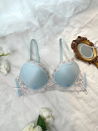 DelicateAllure 3/4 Cup Push-Up Moulded Sheer Embroidered Criss-Cross Bra, Cute & Innocent Style, Light Purple & Pink Lace Push Up Bra Cute Bra Set Lace Bras For Women Push Up Bra Lingerie Set