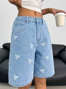 SHEIN 少女蝴蝶结刺绣口袋休闲牛仔短裤 - 淺色水洗藍 - 查看 3
