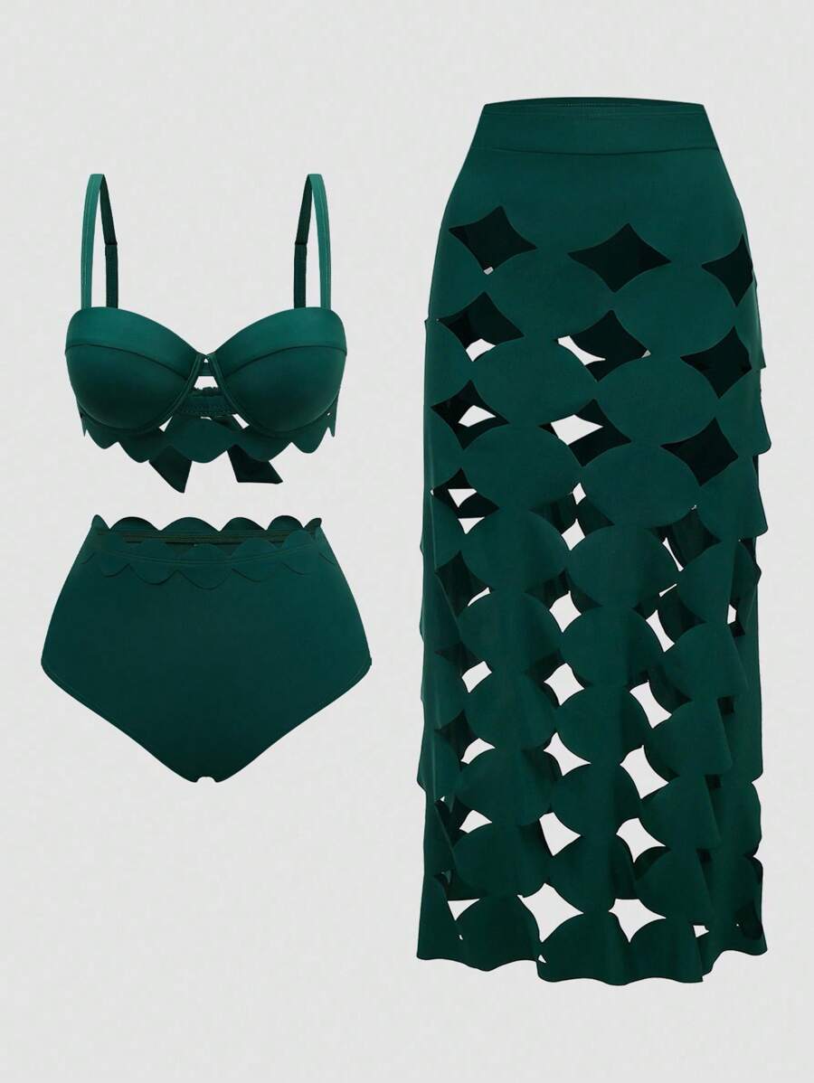 Swim Oasis 加大码 3 件套沙滩装，包括可调节肩带加厚分体泳衣上衣、高腰比基尼泳裤和镂空刺绣长裙，时尚假日泳装套装