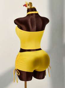 Amplova Bộ 2 chiếc áo yếm đính đá cỡ lớn cho nữ và quần short mini có dây rút - Màu vàng - Xem 2