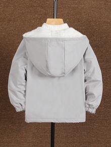 SHEIN Young Boy Solid Color Raglan Sleeve Thermal Lined Hooded Casual Utility Pocket Winter Jacket, Suitable For Outdoor, School And Home Wear Fall - Light Grey - View 2
