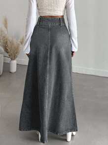 EURMUSE Casual Washed High Waist Long Denim Skirt - Light Grey - View 2
