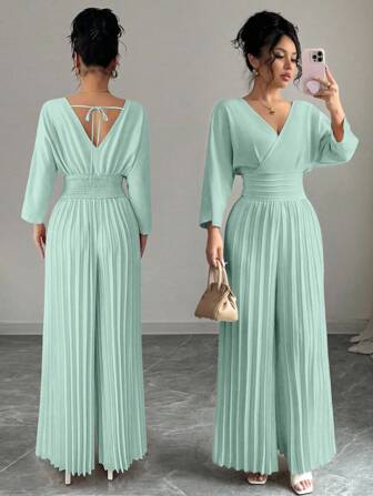 Rafferiza 女式纯色交叉V领3/4袖褶边阔腿优雅连体裤