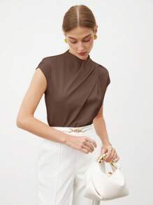 SHEIN BIZwear 女式简约纯色优雅褶皱衬衫，夏季 - 棕色 - 查看 8