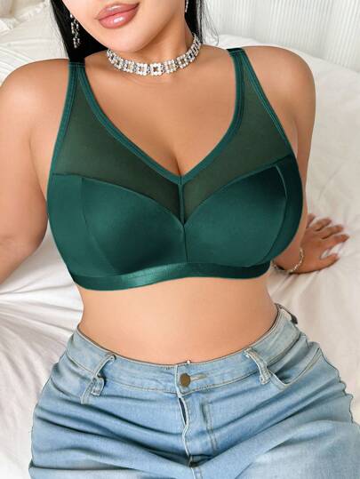Comfy Plus Size Dark Green Bra In Mesh Material With Supportive Design