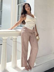 NegzBox Women's Denim Effect Linen Blend Pants With Lace Hem - Khaki - View 6