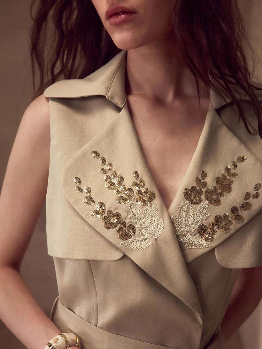 MOTF PREMIUM CONTRAST EMBROIDERY AND SEQUIN DETAIL LAPEL COLLAR BELTED PLEATED HEM SLEEVELESS SHORT DRESS - Khaki - View 1