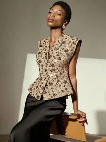 Aveloria Modichic Tweed Fabric Sequin Embroidery Elegant Design Buttoned Fitted Vest Top - Khaki - View 4