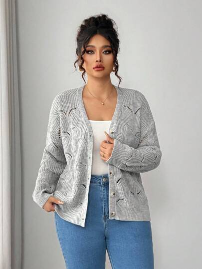 Elenzga Plus Size Women Casual Hollow Out Knitted Cardigan, Versatile