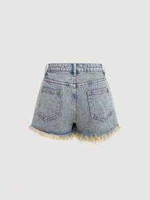 SHEIN Teen Girl Y2K Blue Denim Shorts,Summer Streetwear Vintage Washed Low Waist Ripped Baggy Jeans With Raw Hem,Holiday Casual 2000s Back To School Outfit - Dark Wash - View 2