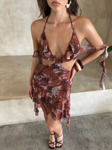 Aloruh Women's Sexy Tie Dye Butterfly Print Deep V-Neck Ruffle Hem Bodycon Mini Dress, Suitable For Spring/Summer Vacation