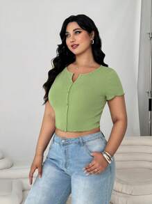 Solflare Women Plus Size V-Neck Solid Color Short Sleeve T-Shirt - Lime Green - View 3