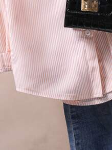 1 件女童翻领长袖纽扣条纹衬衫，正面绣有图案，秋季休闲衬衫 - 杏色 - 查看 4