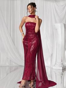 Coutiva 奢华晚礼服，绣花亮片舞会礼服，高端优雅淑女风格 - 酒紅色 - 查看 4