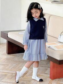 Genkimix Kids 2pcs/Set Young Girl Casual Long Sleeve Striped Dress And Heart Print Vest Outfit Chic Outfits For Autumn/Winter - Royal Blue - View 8