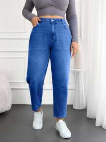 EURMUSE 100%纯棉加大码水洗妈妈款牛仔裤 - 中等水洗藍 - 查看 4