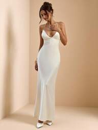 SHEIN BAE Aprikot/weiß tiefer V-Ausschnitt mit Spaghettiträgern rückenfreies Maxikleid aus Satinmaterial im Meerjungfrauenschnitt, elegantes Kleid für Urlaub, Hochzeit, Geburtstag, Abschlussfeier