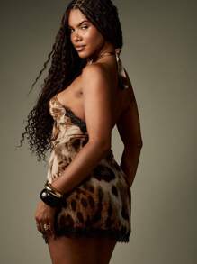 MISSGUIDED 蕾丝边单肩动物印花迷你连衣裙，适合俱乐部之夜派对正式晚会时尚秋冬 - 彩色 - 查看 2