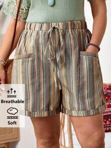 EMERY ROSE 大码女式口袋条纹休闲度假短裤