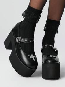 ROMWE Grunge Punk 女式朋克风格玛丽珍高跟鞋，超高跟，金属铆钉和搭扣设计，黑色厚底坡跟鞋，适合派对、日常穿着、晚礼服，增高显腿长，舒适百搭