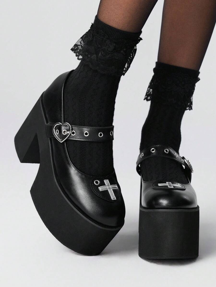 ROMWE Grunge Punk 女式朋克风格玛丽珍高跟鞋，超高跟，金属铆钉和搭扣设计，黑色厚底坡跟鞋，适合派对、日常穿着、晚礼服，增高显腿长，舒适百搭