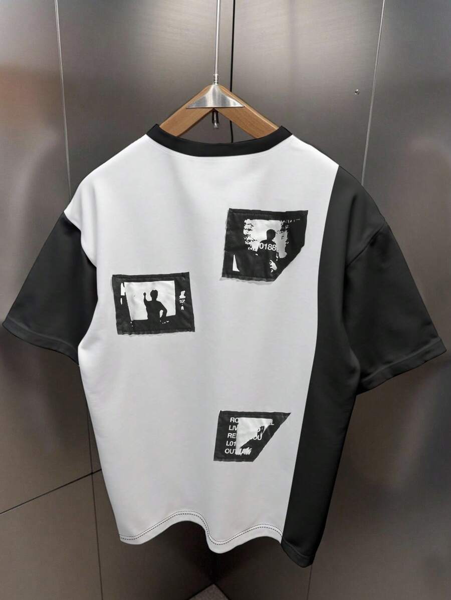 Manfinity Roghcode Men's Color Block Letter Embroidery Round Neck Short Sleeve Casual T-Shirt - Multicolor - View 1