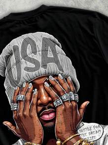 Manfinity Roghcode 男士街头时尚肖像图案宽松T恤，夏季 - 黑色 - 查看 2