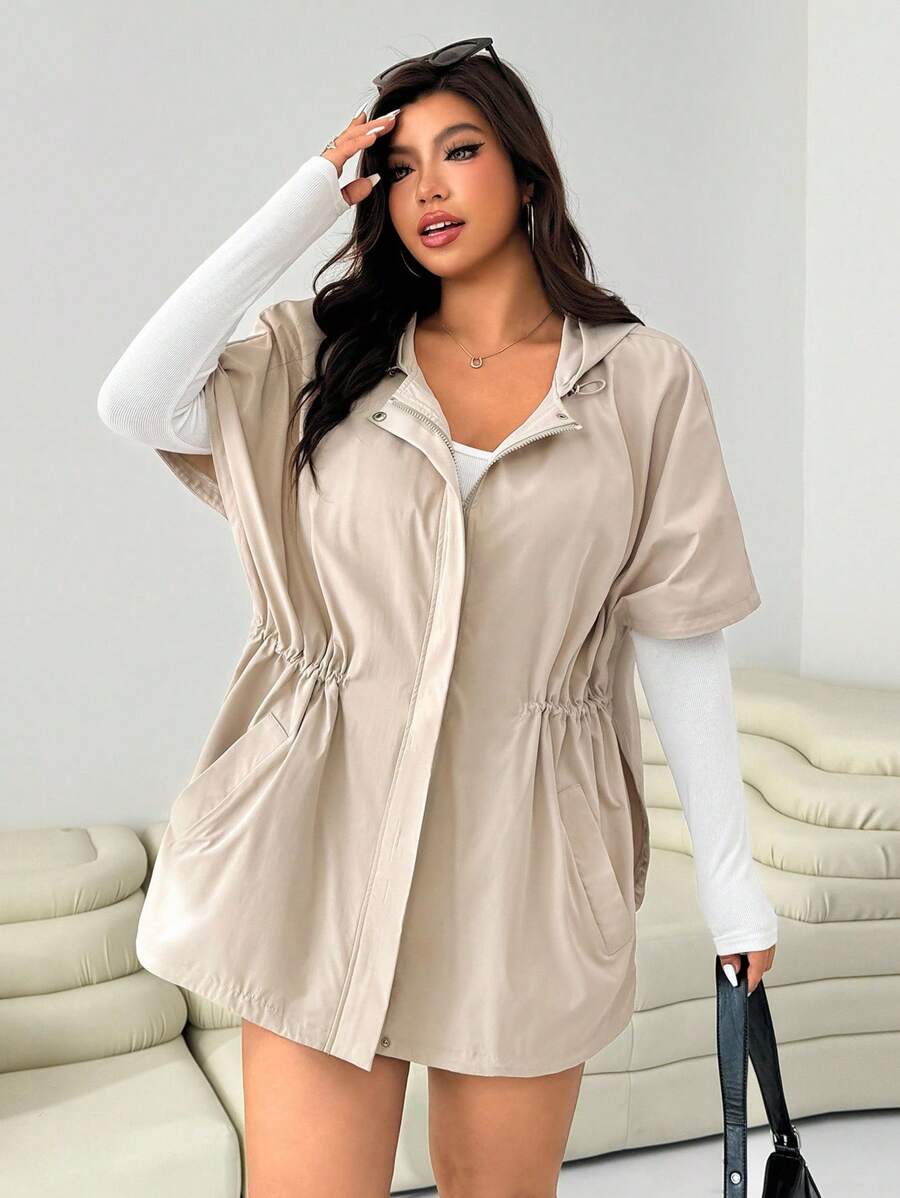 SHEIN EZwear 大码休闲抽绳腰带连帽风衣 - 杏色 - 查看 1