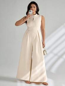 SHEIN Tall CURVE 加大码超宽腿前拉链无袖连体裤 高个子曲线女式连体裤 加大码高个子女式连体裤 宽腿连体裤 高个子女式连体裤 女式喇叭腿连体裤 加大码 - 杏色 - 查看 5