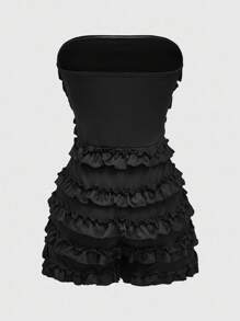 ROMWE Grunge Punk Y2K Grunge Aesthetic Black Solid Multi-Layer Ruffle Trim Mini Playsuit, Plus Size - Black - View 4