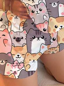 SHEIN Tween Girls' Casual Minimalist Cat Cartoon Pattern Round Neck Short Sleeve Shorts Pajamas, Suitable For Summer Cute Pajamas For Women Kawaii Pajamas Cat Pajamas Cute Cat Pajamas Kitten Pajamas