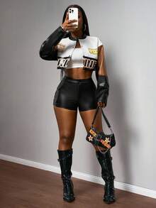 Slaydiva Chaqueta corta de carreras de mujer con cuello redondo, manga larga y estilo casual de motocicleta para otoño e invierno - Multicolor - Ver 8